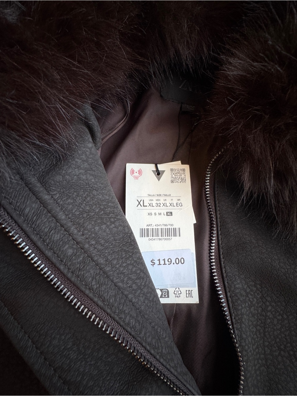 NWT Zara Faux Suede Jacket with Detachable Faux Fur Collar Brown XL - Picture 6 of 9